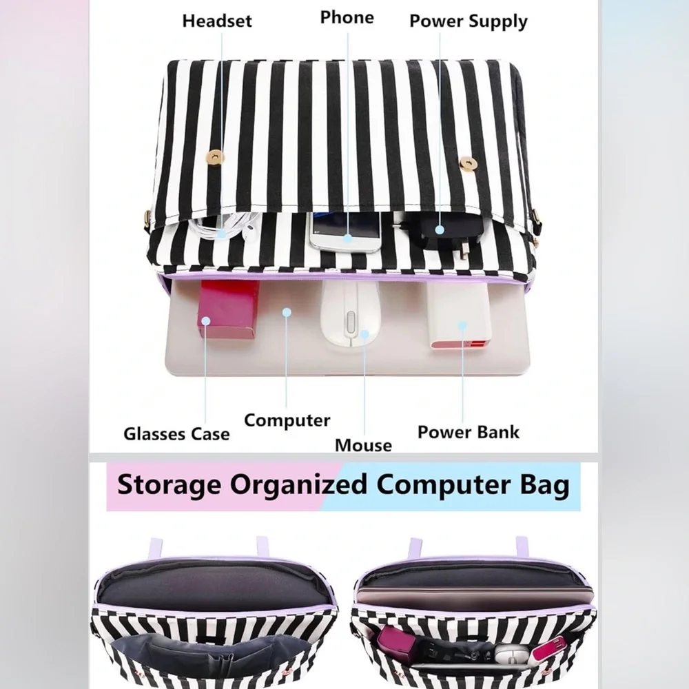 Matein Lavender Stripe Laptop Bag with Bow Accent
